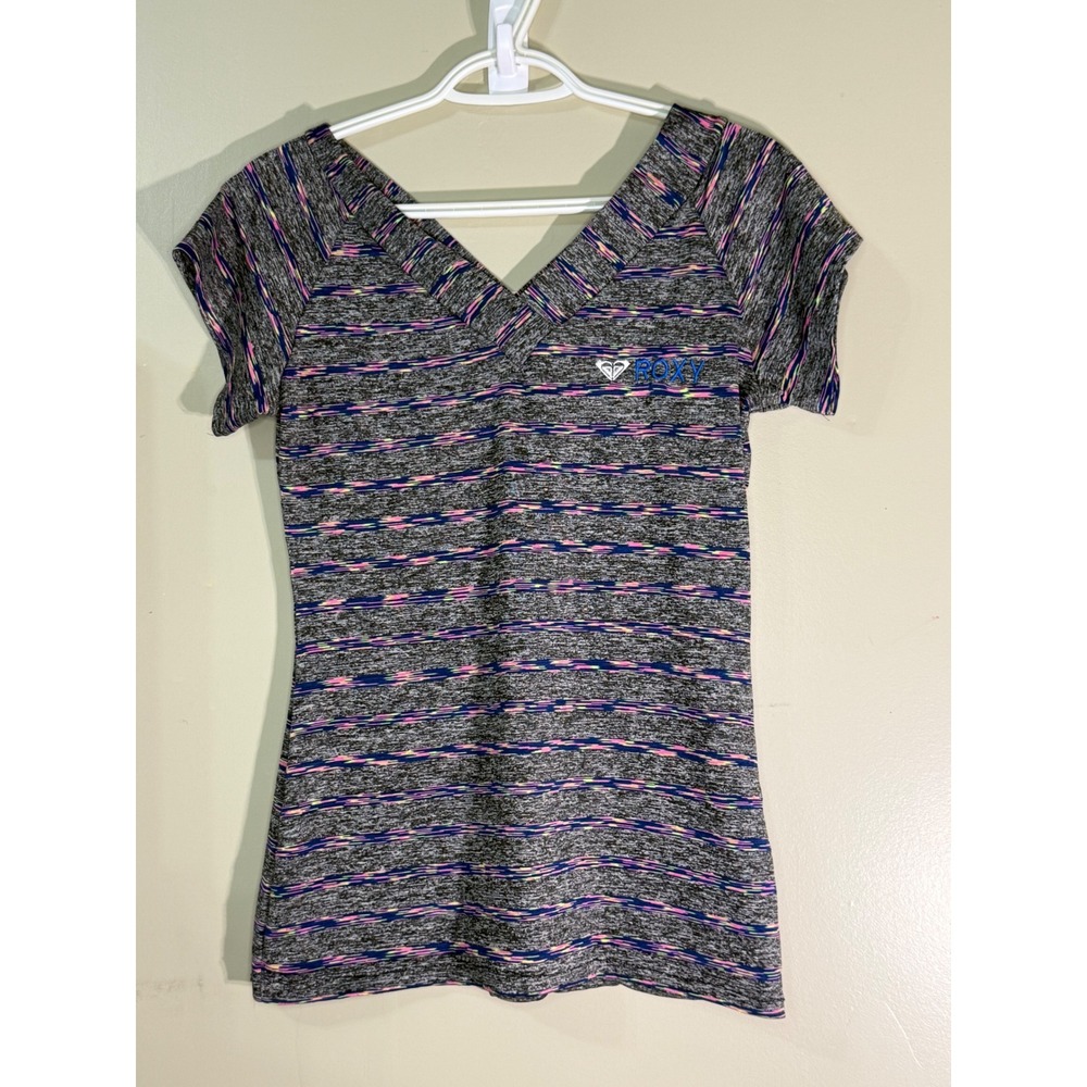So Nice Collection Roxy Space Dye V-Neck Top Gray Pink Blue Striped Size Large